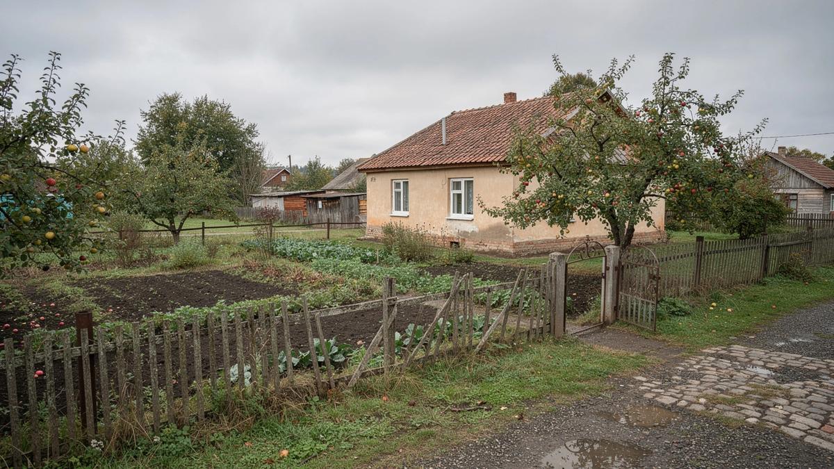 Country house beside a fenced garden plot in the Kyiv Oblast countryside