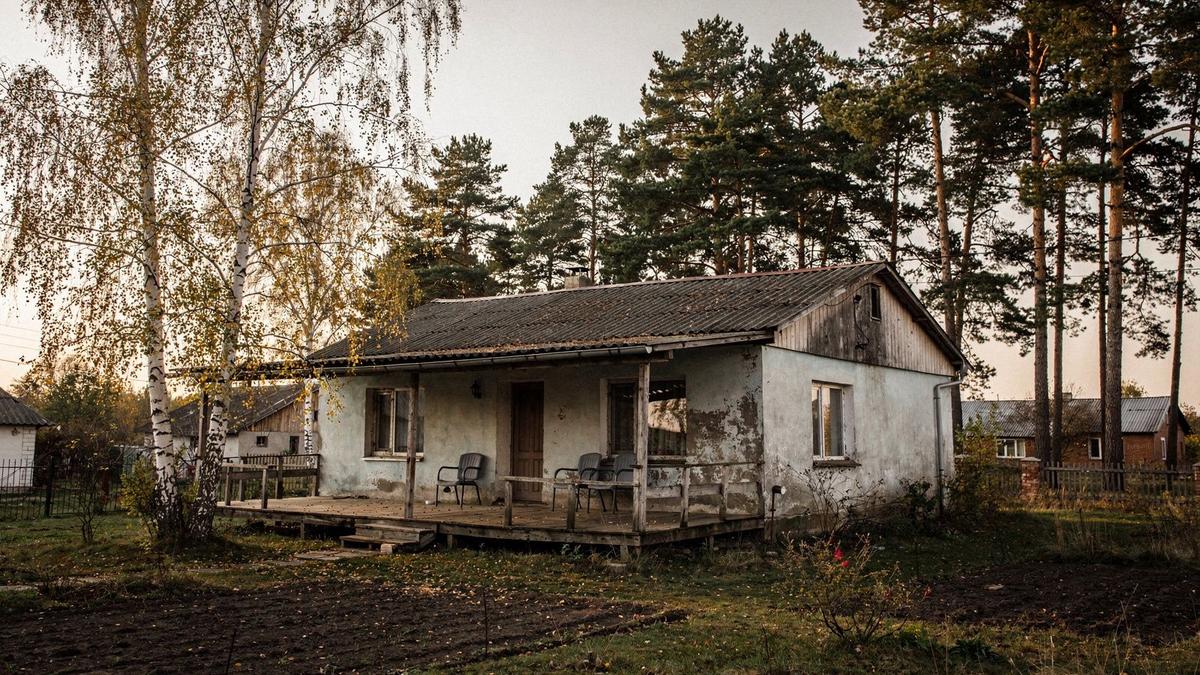 Single-storey country house with a wide terrace and mature trees in Kyiv Oblast